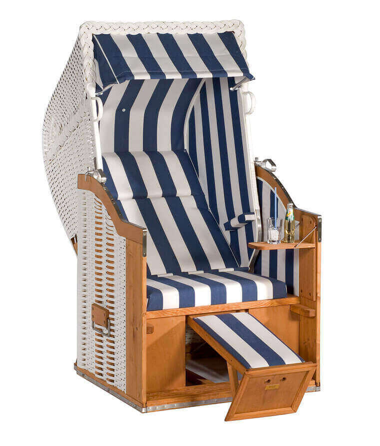 Sonnenpartner 1-Sitzer - Strandkorb mit grau-weißen Streifen und Ablage, hochwertiges Material, ideal für den Komfort im Freien.
