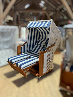 Komplettpaket Strandkorb Kiel Edelstahl 250 Plus, PVC-Geflecht weiss, Dessin 1080 blau weiss