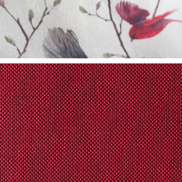 Strandkorb Dessin 107 Vögel rot – Detailansicht Stoffmuster mit Vogelmotiv und einfarbig rotem Polsterstoff