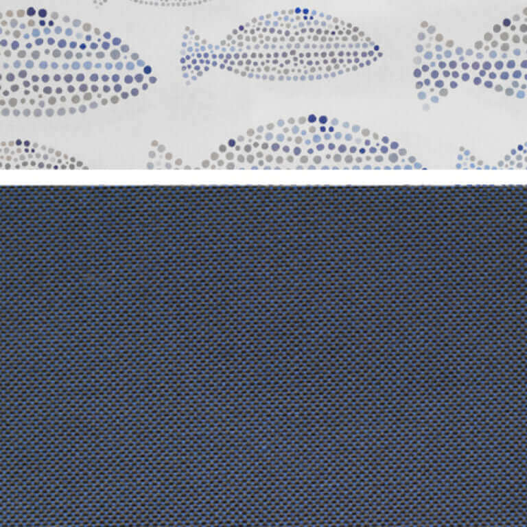 Strandkorb Polsterstoff Dessin 197 blau Fisch mit punktförmigem Fischmuster und dunkelblauer Struktur für deVries PURE Seemöwe