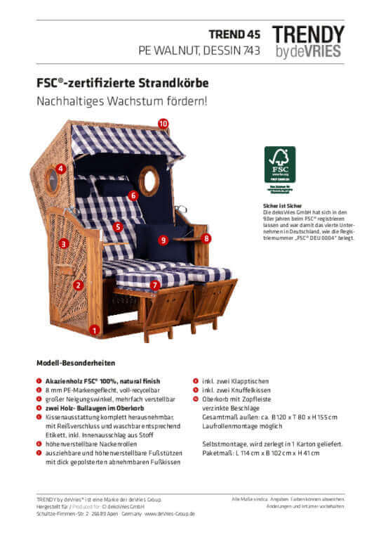 Strandkorb Trendy Trend 45 mit Bullaugen aus PE walnut, Dessin 743 blau weiss kariert, FSC-zertifizierter Strandkorb Produktansicht