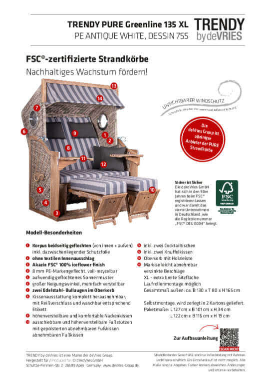 Strandkorb Trendy PURE Greenline 135 XL Bullaugen PE antique white Dessin 755 Produktinfoseite mit FSC-zertifiziertem Holz und Details