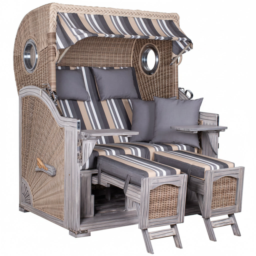Strandkorb deVries PURE Seemöwe Vintage PE white kubu Dessin 158 mit Bullaugen und Fußstützen, Mahagoniholz grey washed