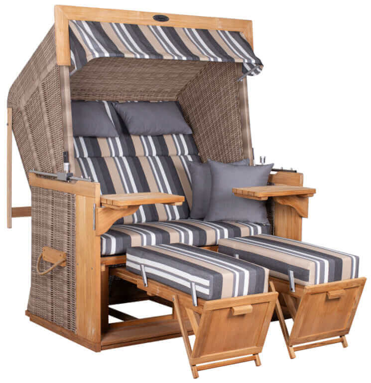 Strandkorb deVries PURE Friesland Sylt Teak PE white kubu Dessin 158 in XL XXL mit Fußstützen und Polstern grau gestreift