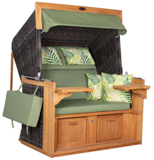 Strandkorb deVries PURE Friesland Sylt Teak PE stone grey Dessin 242 in XL XXL mit grünem Markisenstoff und Stauraum