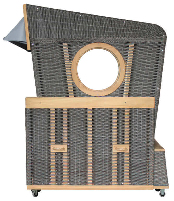 Gosch Lounge Strandkorb 6-Sitzer Seitenansicht, Geflecht grau anthrazit mit Teakwood natural Gestell und Rundfenster