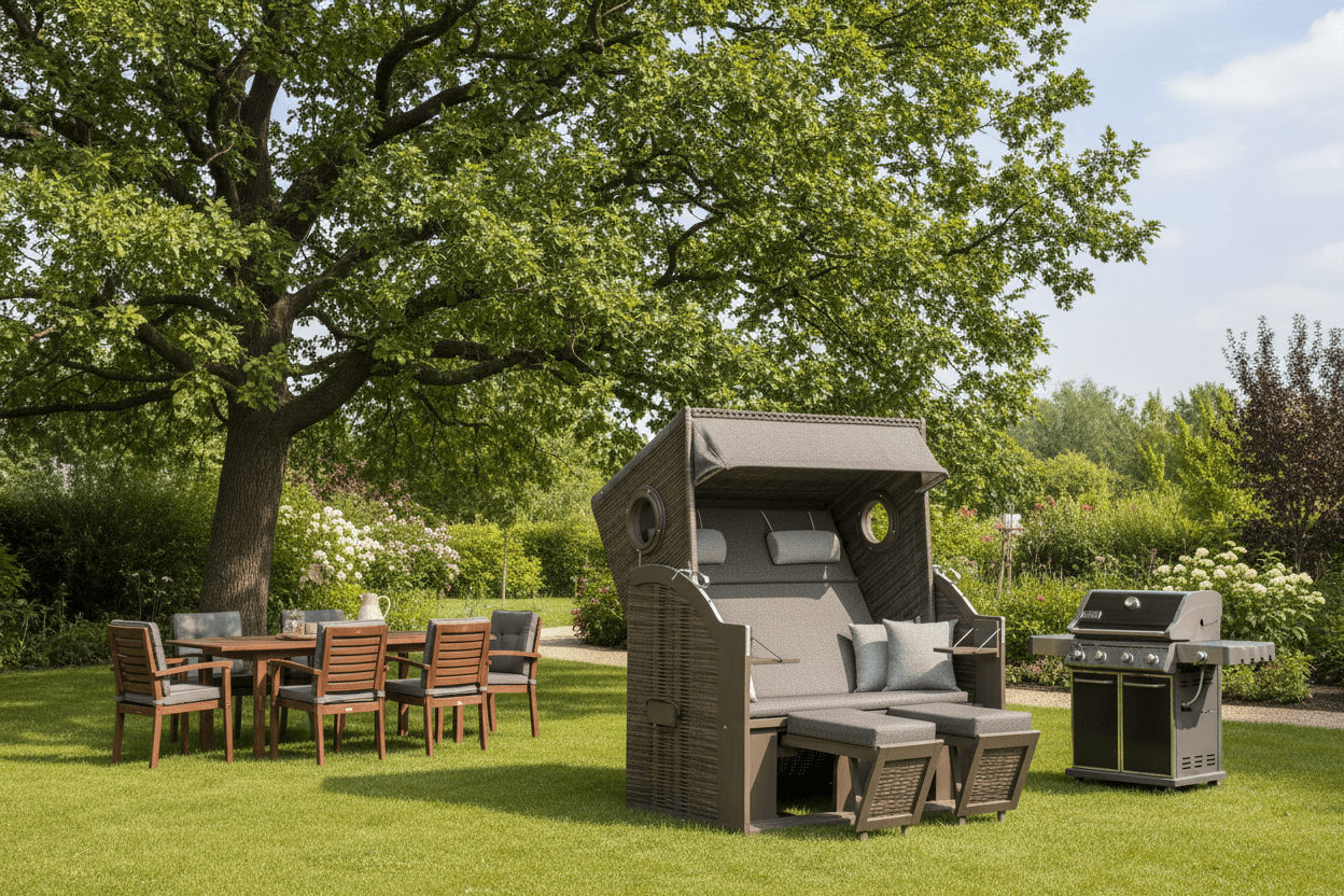 Strandkorb Trendy PURE Wave XL Bullaugen PE grey Dessin 514 anthrazit grau im Garten mit Esstischgruppe und Grill unter großem Baum