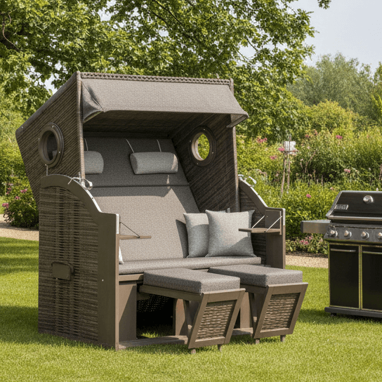 Strandkorb Trendy PURE Wave XL Bullaugen PE grey Dessin 514 anthrazit grau im Garten mit ausgezogenen Fußstützen