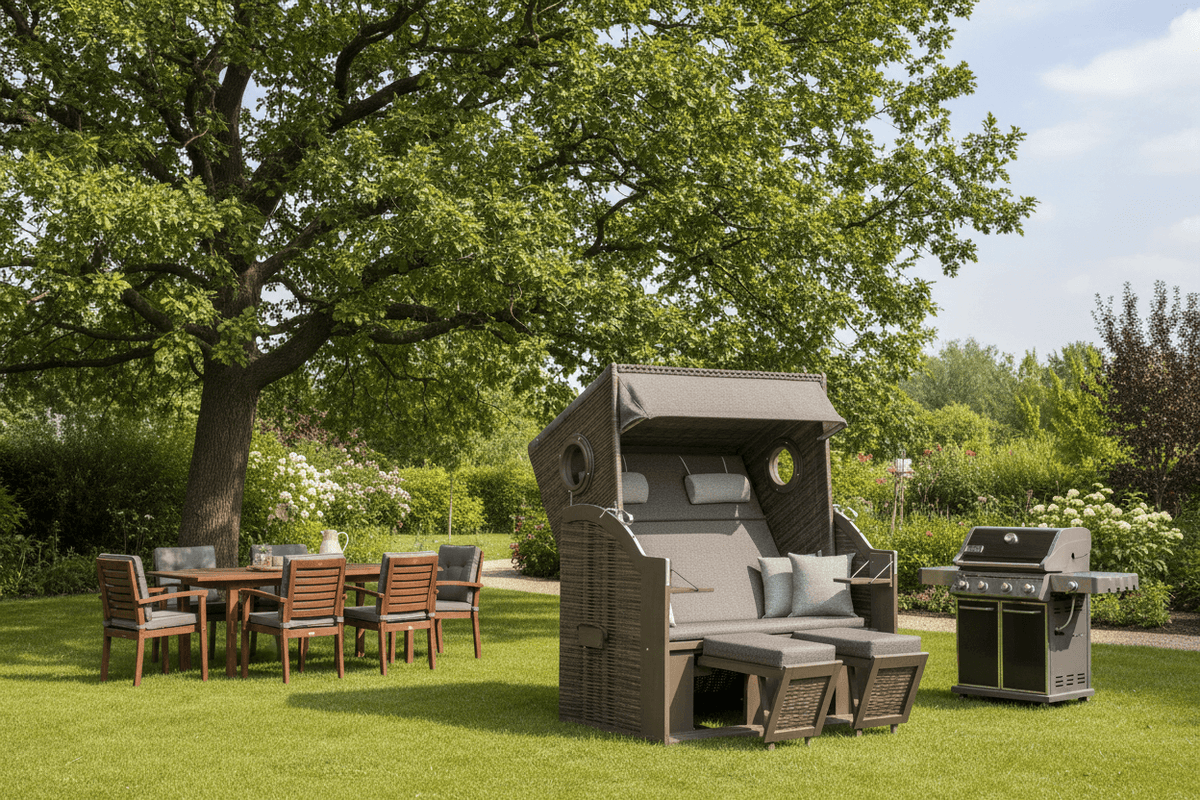 Strandkorb Trendy PURE Wave XL Bullaugen PE grey Dessin 514 anthrazit grau im Garten mit Esstischgruppe und Grill unter großem Baum