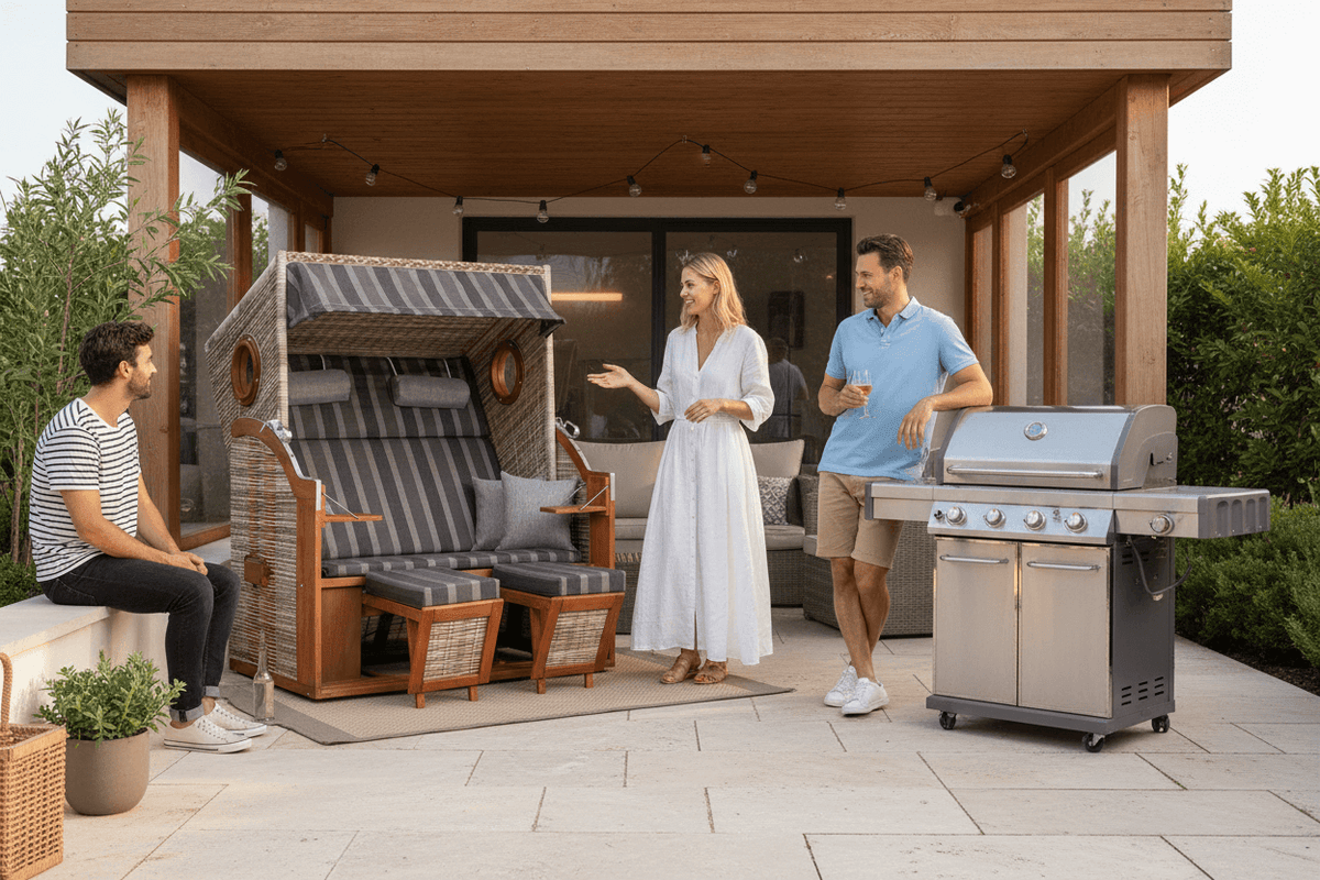 Strandkorb Trendy PURE Wave XL Bullaugen PE seashell Dessin 402 grau auf moderner Terrasse mit Grill und Freunden