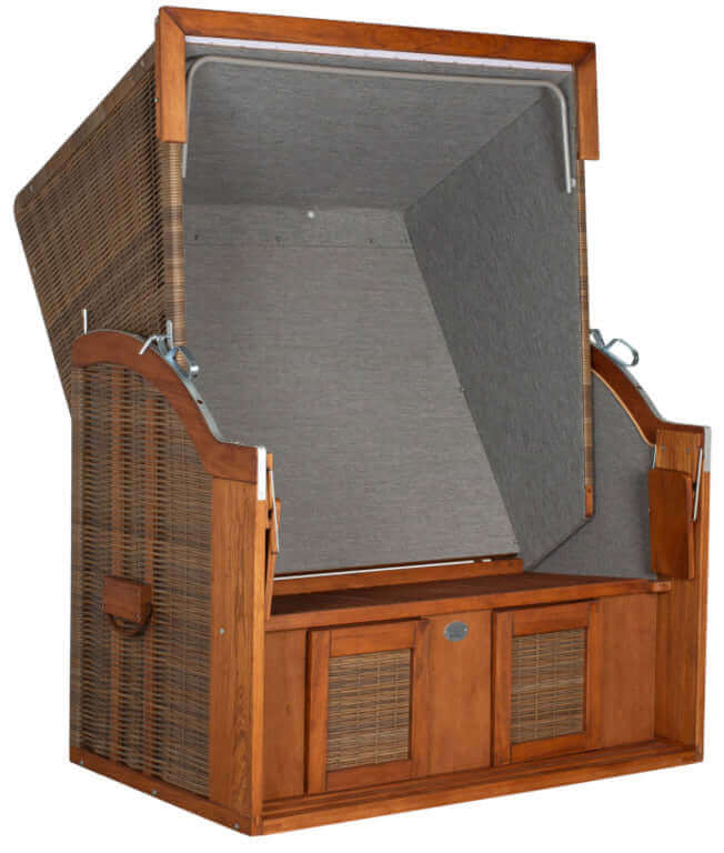 Strandkorb Tinnum in grau anthrazit mit offenem Dach und Holzstruktur, ideal für Entspannung im Freien.