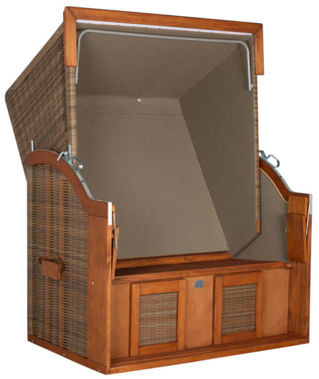 Strandkorb Tinnum Pinie PE griseum Dessin 574 sand beige weiss mit Volllieger und Klapptischen für Garten und Terrasse