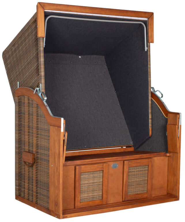 Strandkorb Tinnum Pinie PE griseum Dessin 575 anthrazit bordeaux aus Pinien Vollholz mit Volllieger und Fußstützen