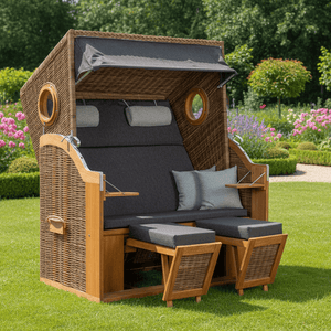 Strandkorb Trendy PURE Wave Teak XL Bullaugen PE grisuem Dessin 513 schwarz grau im Garten.