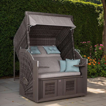 Strandkorb Trendy PURE Classic XL SUN PE stone grey Dessin 488 im Garten mit grauen Polstern und türkisfarbenen Kissen
