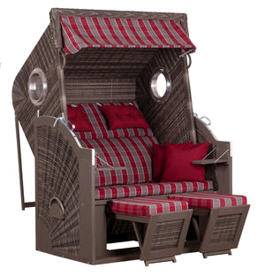 Strandkorb Trendy PURE Cliff XL SUN mit Bullaugen, PE stone grey Dessin 472 in Rot-Grau mit Fußstützen und Markise