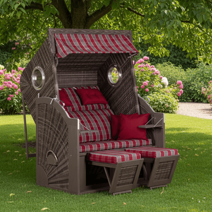 Strandkorb Trendy PURE Cliff XL SUN mit Bullaugen, PE stone grey Dessin 472 auf Rasen im Garten mit roter Polsterung