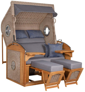 Strandkorb deVries Sailor PURE Teak XL PE white kubu im Dessin 253 mit Bullaugen und bequemen Kissen.