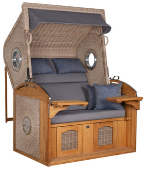 Strandkorb deVries Sailor PURE Teak XL PE white kubu mit Bullaugen und komfortablem Polster in Dessin 253.