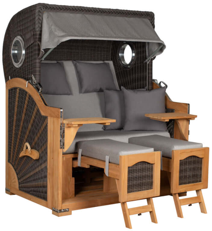 Strandkorb deVries PURE Seemöwe Teak PE stone grey mit Bullaugen und Fußstützen, Modell Dessin 251, XL-Zweisitzer