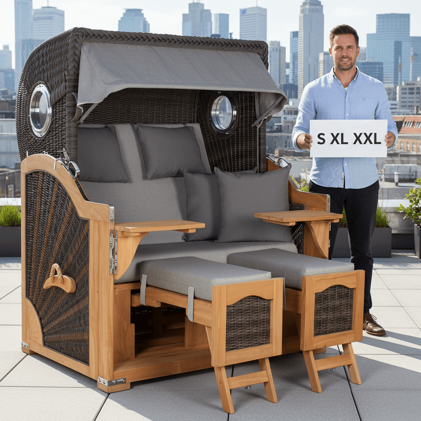 Strandkorb deVries PURE Seemöwe Teak PE stone grey mit Bullaugen, Mann zeigt Größen S XL XXL auf Dachterrasse vor Skyline