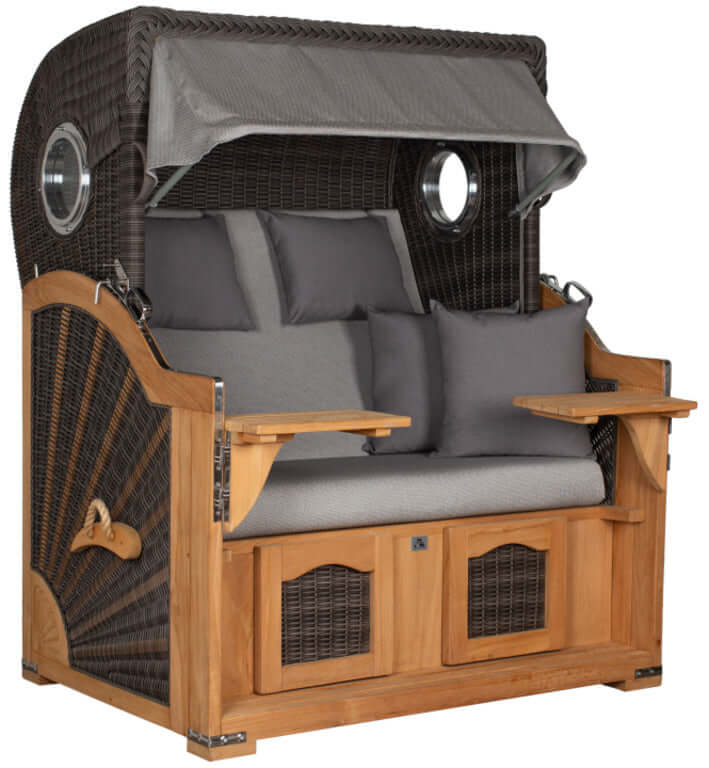 Strandkorb deVries PURE Seemöwe Teak PE stone grey mit Bullaugen und Kissen, Modell Dessin 251 in Größe S, XL oder XXL