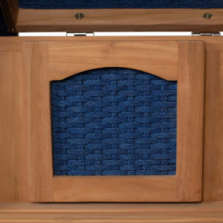 Detailansicht des Strandkorb deVries Aruba XL mit blauem Kordel-Geflecht, perfekter Komfort und modernes Design.