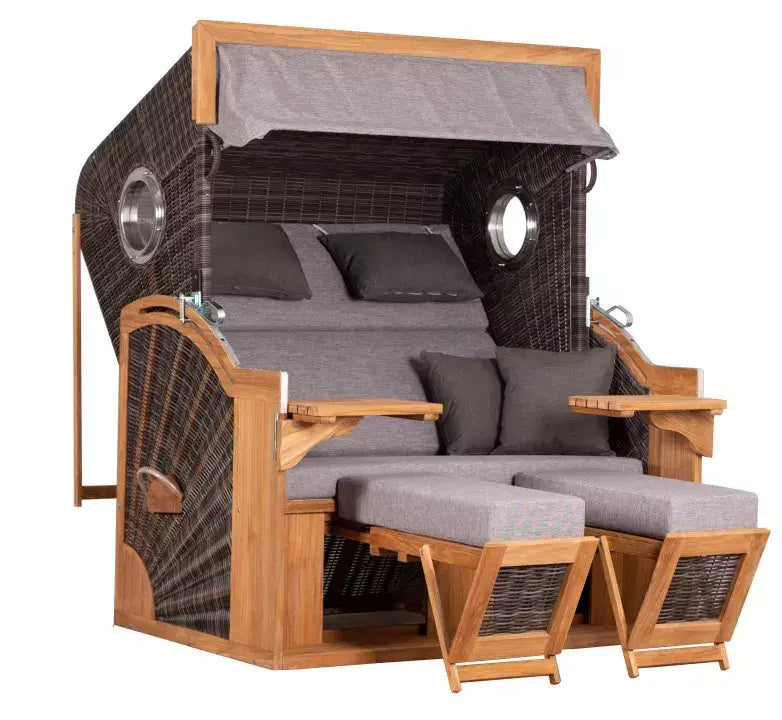 Strandkorb Trendy PURE Seaside XXL Teak mit Bullaugen in stone grey Dessin 466, luxuriöser Strandkorb für zwei Personen