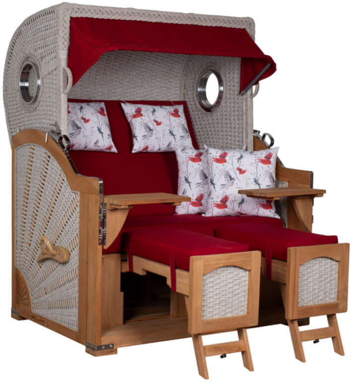Strandkorb deVries Aruba XL Rope ivory mit roten Polstern und Vogel-Dessin 107, luxuriöser XL-Gartenstrandkorb für zwei Personen