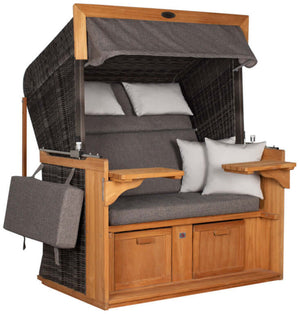 Strandkorb deVries PURE Friesland Sylt Teak PE stone grey, komfortabeler Sitzbereich mit Kissen und Holzarmlehnen.