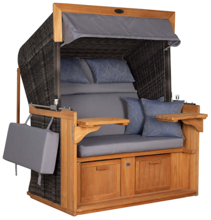 Strandkorb deVries PURE Friesland Sylt Teak PE stone grey Dessin 253 blau in XL/XXL mit Teakholz-Korpus und komfortabler Polsterung