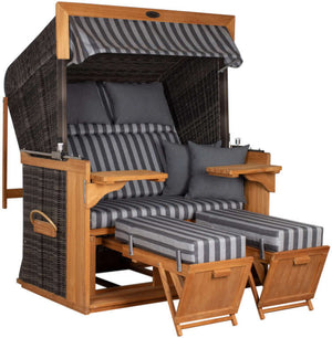 Strandkorb deVries PURE Friesland Sylt Teak PE stone grey Dessin 254 XL XXL mit Fußstützen und Polsterung in Grau gestreift