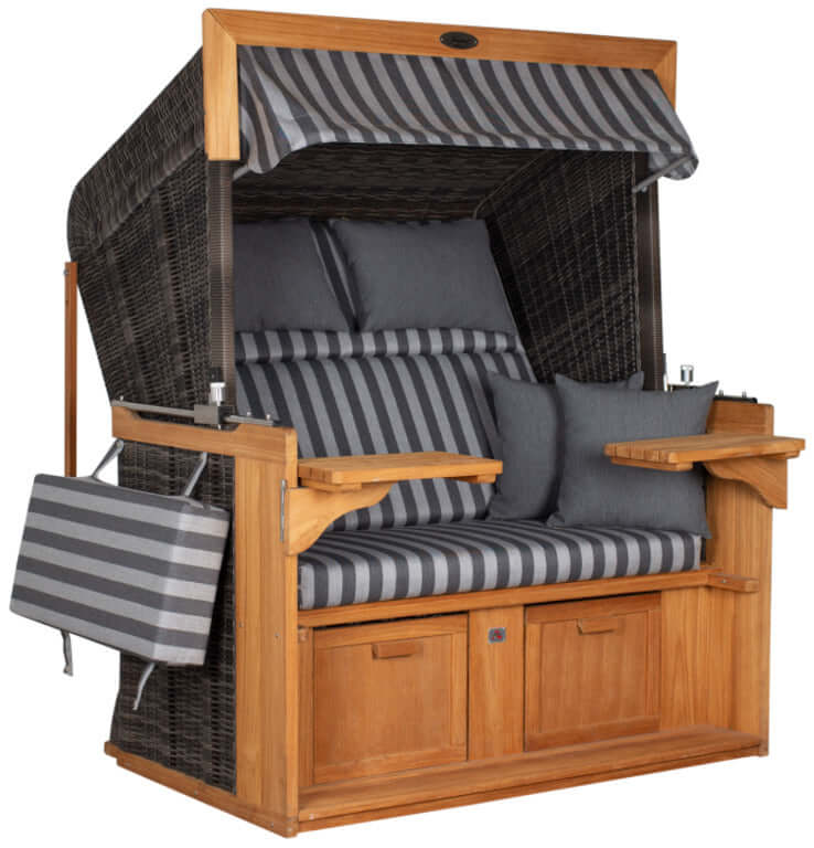 Strandkorb deVries PURE Friesland Sylt Teak PE stone grey Dessin 254 in XL/XXL mit grauen Streifenpolstern