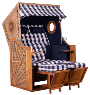 Strandkorb Trendy Trend 45 mit Bullaugen, PE walnut Geflecht, blau weiss kariert Dessin 743, verstellbare Fußstützen