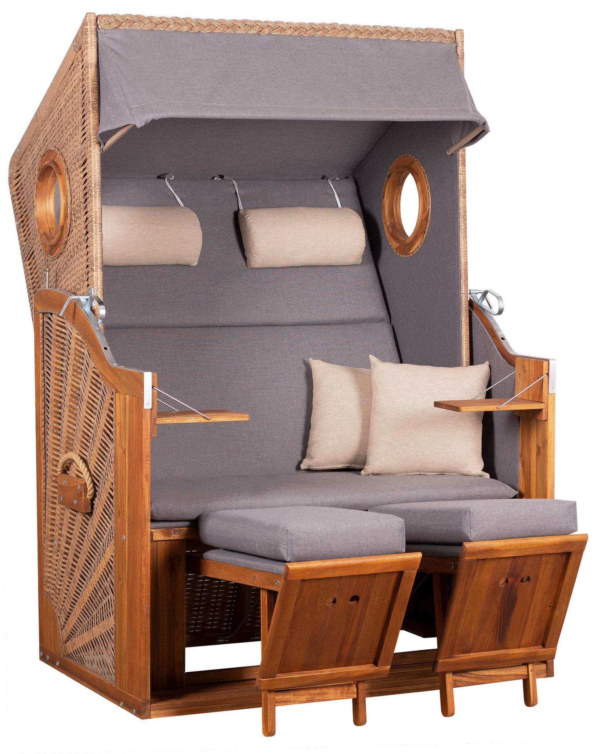 Strandkorb Trendy Trend 45 mit Bullaugen aus PE-Geflecht walnut, Dessin 751 creme, verstellbare Fußstützen und Polster für zwei Personen