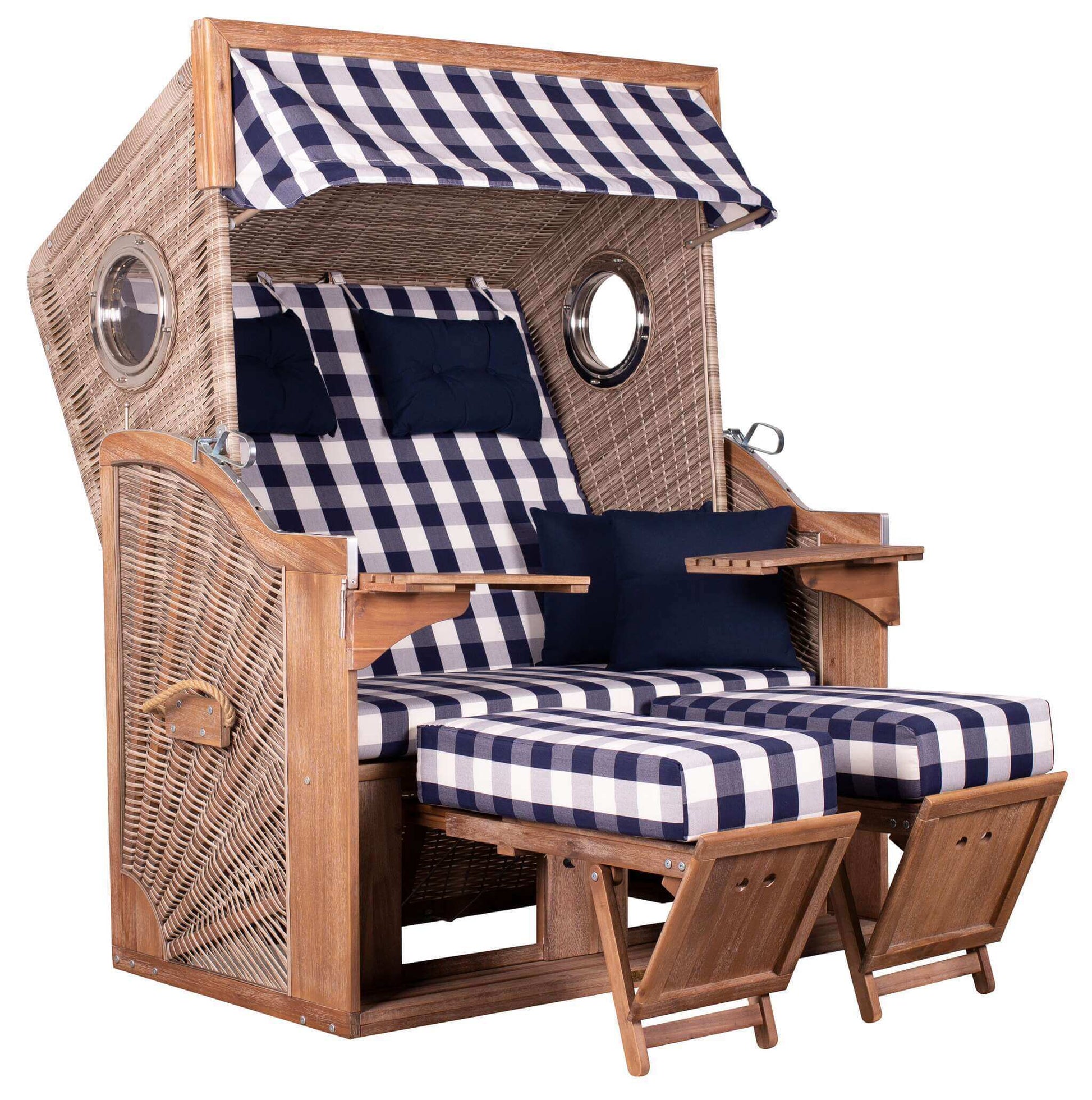 Strandkorb Trendy PURE Greenline 135 XL Bullaugen PE antique white Dessin 743 mit blau-weiß karierten Polstern