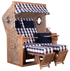 Strandkorb Trendy PURE Greenline 135 XL Bullaugen PE antique white Dessin 743 mit blau-weiß karierten Polstern