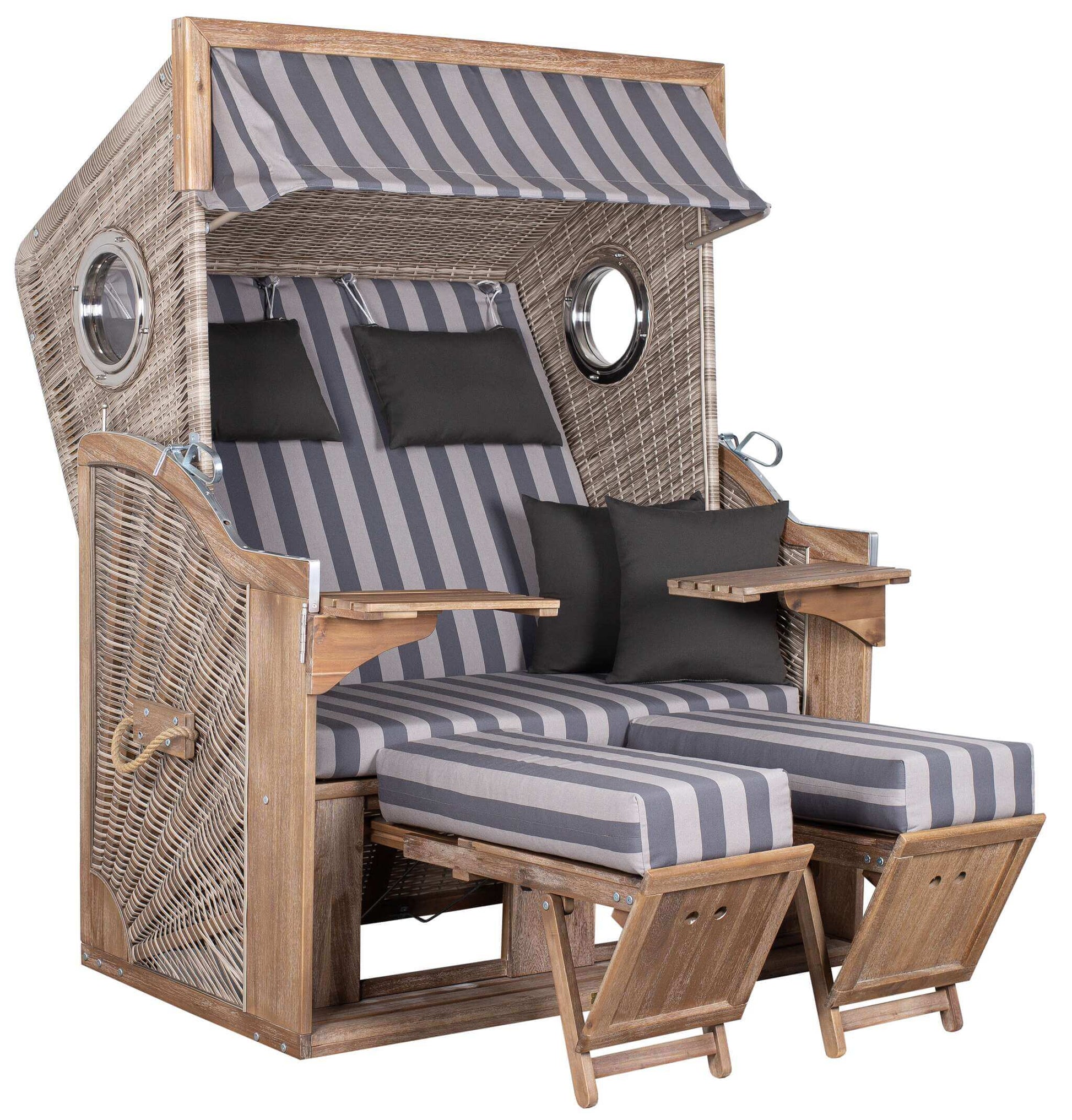 Strandkorb Trendy PURE Greenline 135 XL Bullaugen PE antique white Dessin 755 mit Fußstützen und Klapptischen in Grau gestreift