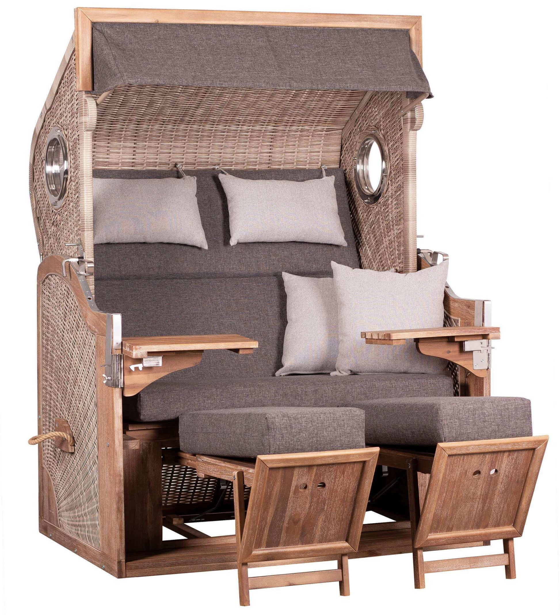 Strandkorb Trendy PURE Greenline 175 XL PE antique white Dessin 753 mit Fußstützen und grauen Polstern frontal