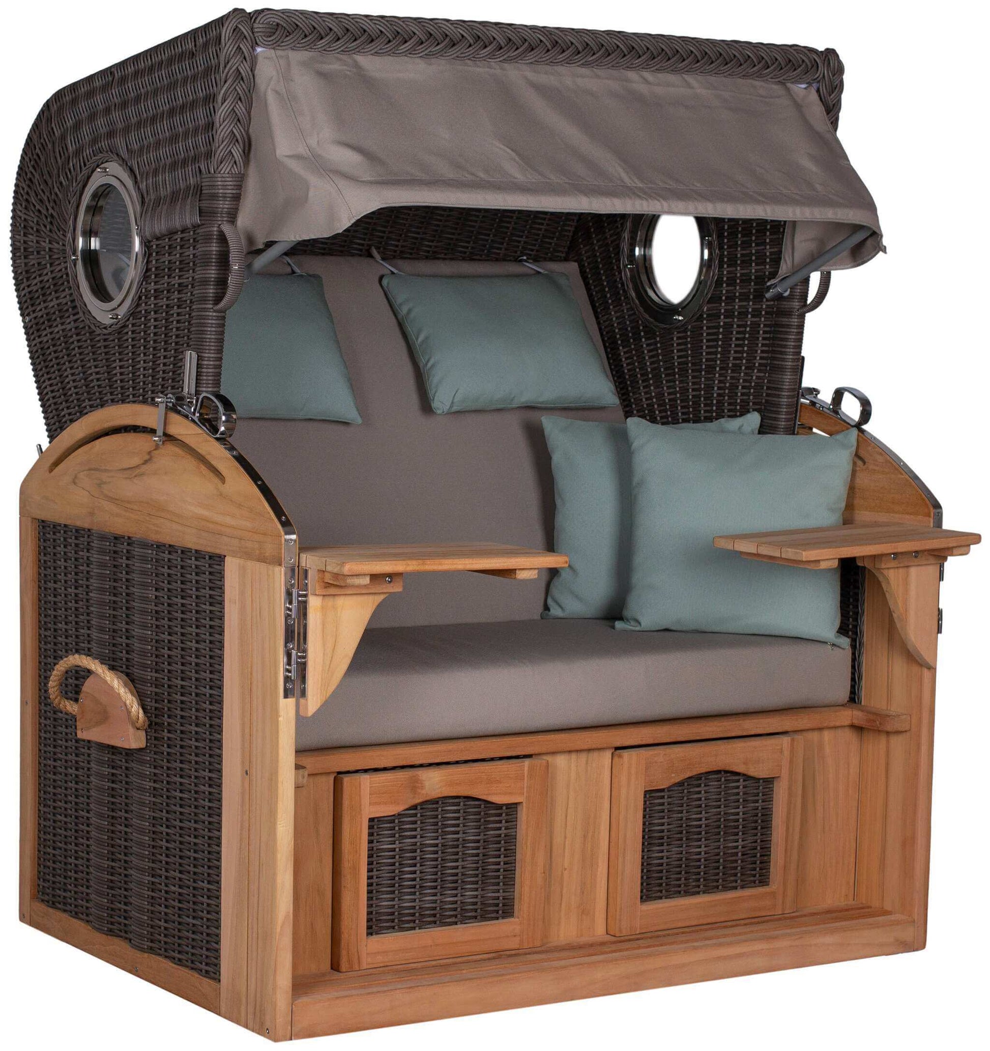 Strandkorb Trendy PURE Talland Teak Bullaugen PE stone grey Dessin 483 Zweisitzer mit Kissen und Fußstützen in Frontansicht