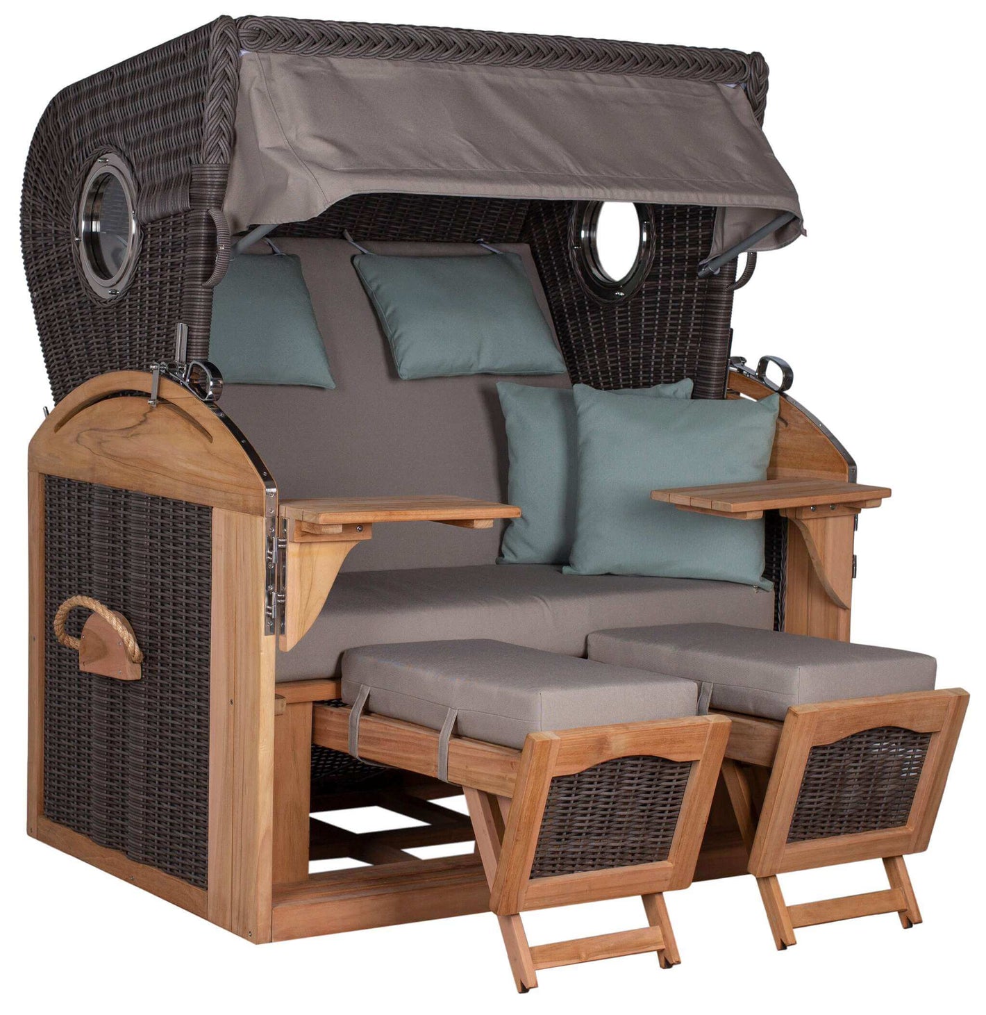 Strandkorb Trendy PURE Talland Teak Bullaugen PE stone grey Dessin 483, luxuriöser Volllieger mit Fußstützen und Klapptischen