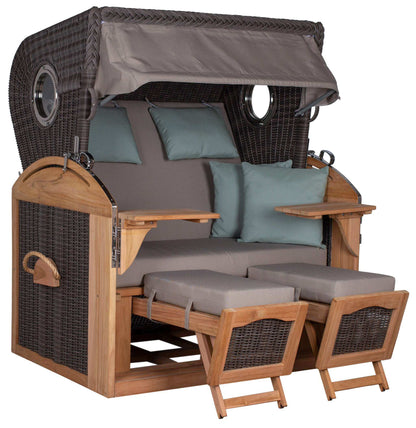 Strandkorb Trendy PURE Talland Teak Bullaugen PE stone grey Dessin 483, luxuriöser Volllieger mit Fußstützen und Klapptischen