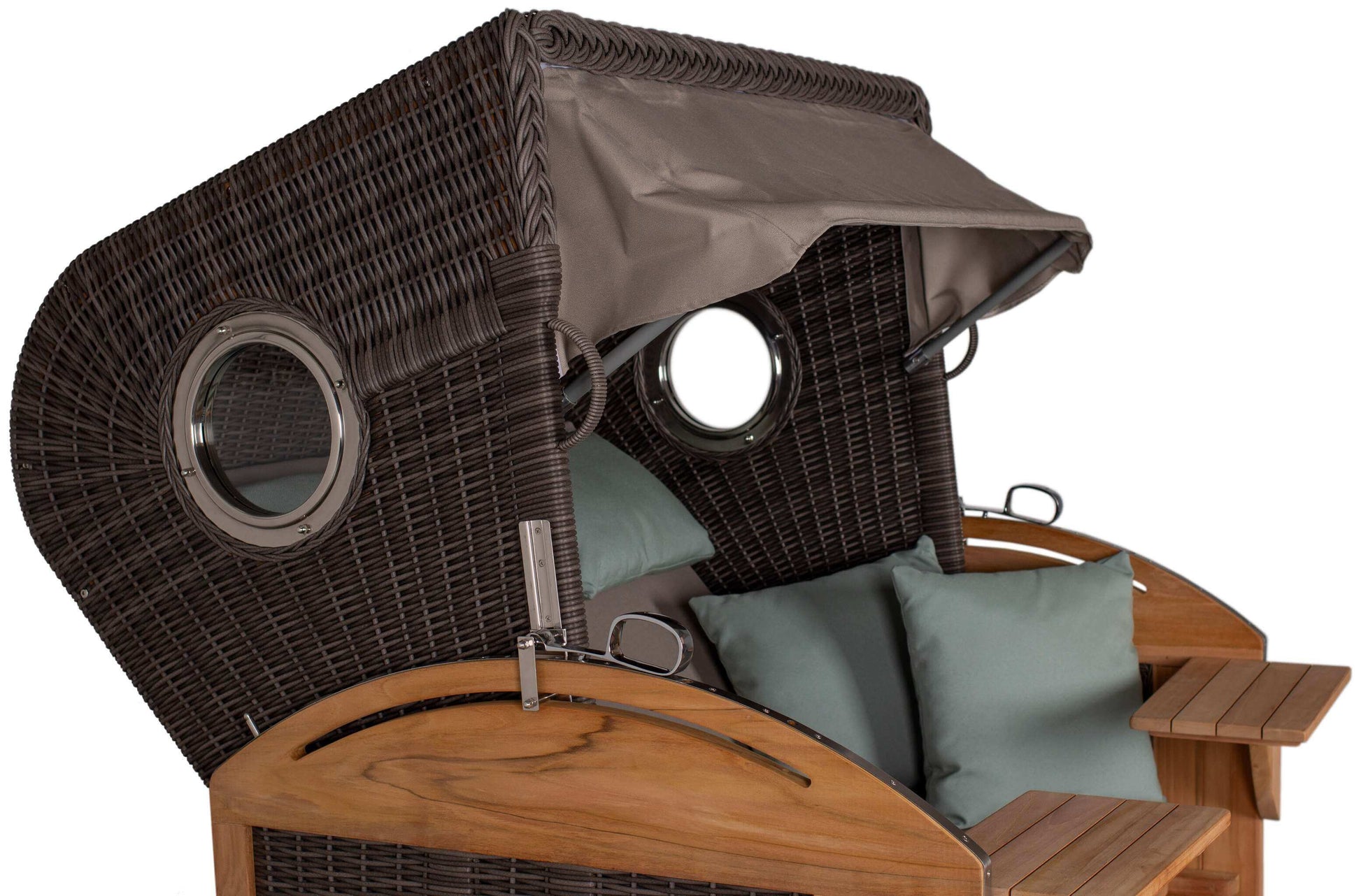 Strandkorb Trendy PURE Talland Teak mit Bullaugen, grauen Polstern und verstellbarem Sonnendach aus PE-Geflecht stone grey Dessin 483