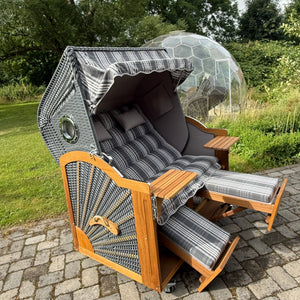 Komplettpaket C34 Strandkorb Prieß Modell Meister Holz Iroko Holz, PE Geflecht dunkelgrau, Stoff grau gestreift, 150 cm