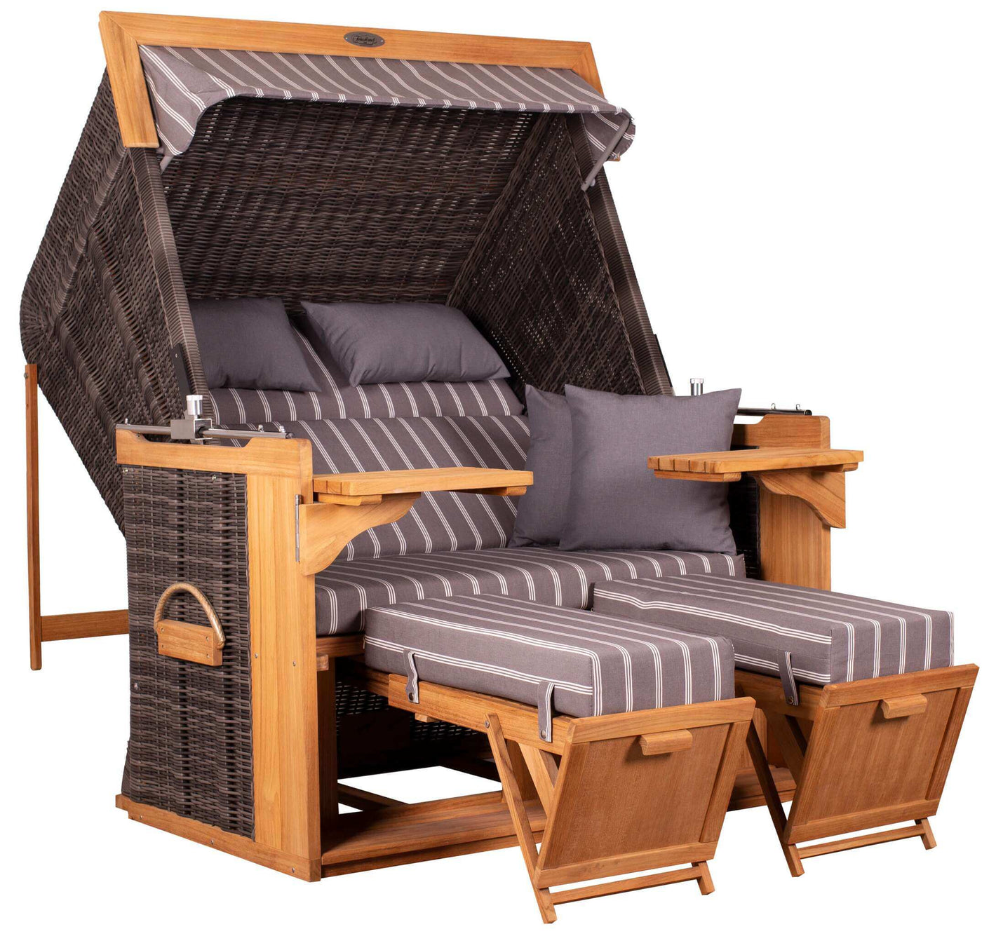 Strandkorb deVries PURE Friesland Sylt Teak PE stone grey Dessin 235 in grau gestreift, XL XXL Komfort-Zweisitzer