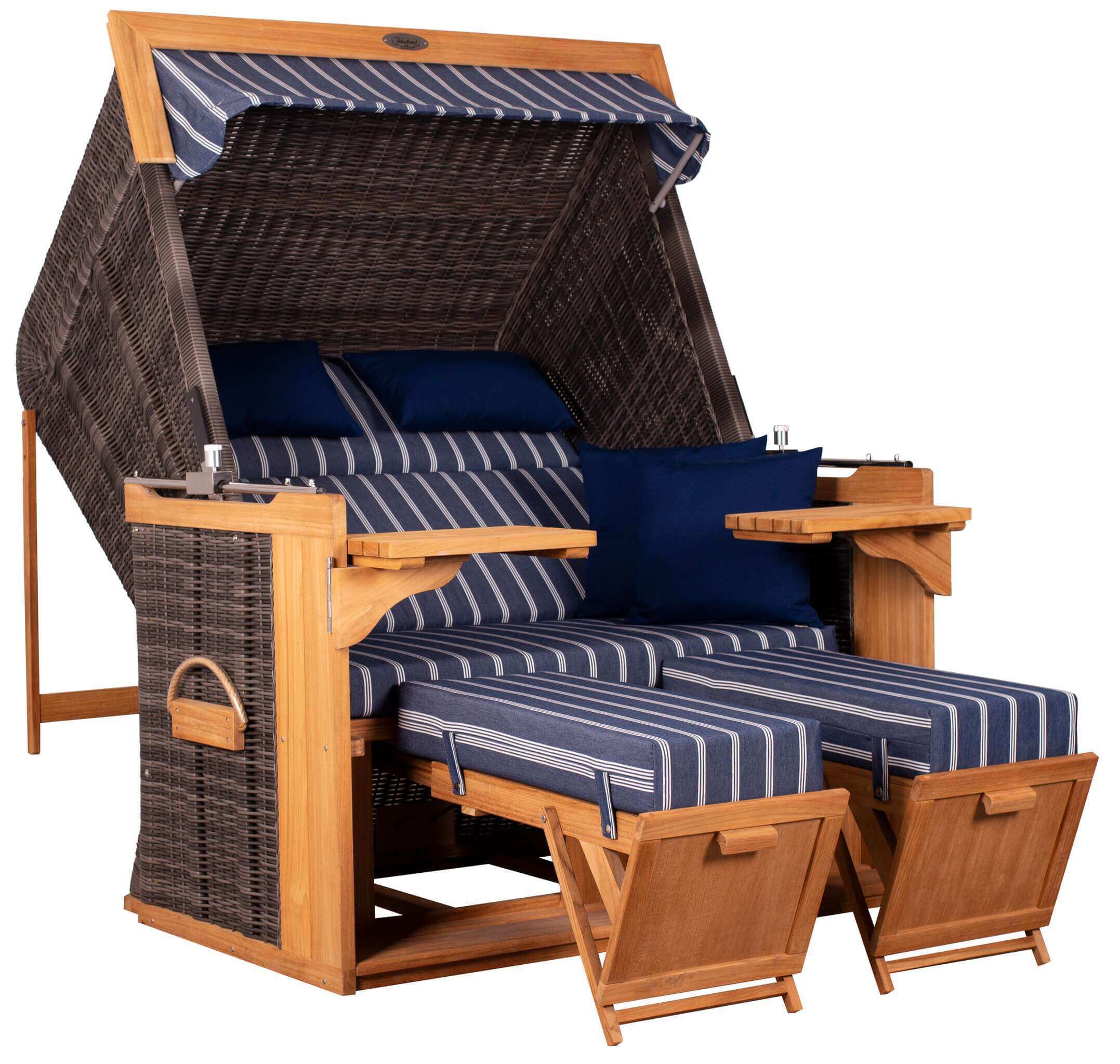 Strandkorb deVries PURE Friesland Sylt Teak PE stone grey Dessin 236 in XL/XXL mit blau gestreifter Polsterung und Komfortausstattung