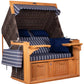 Strandkorb deVries PURE Friesland Sylt Teak PE stone grey Dessin 236 in XL mit blau gestreifter Polsterung und Stauraum