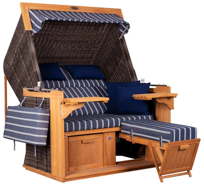 Strandkorb deVries PURE Friesland Sylt Teak PE stone grey Dessin 236 in XL XXL mit Fußstützen und blau gestreiften Polstern