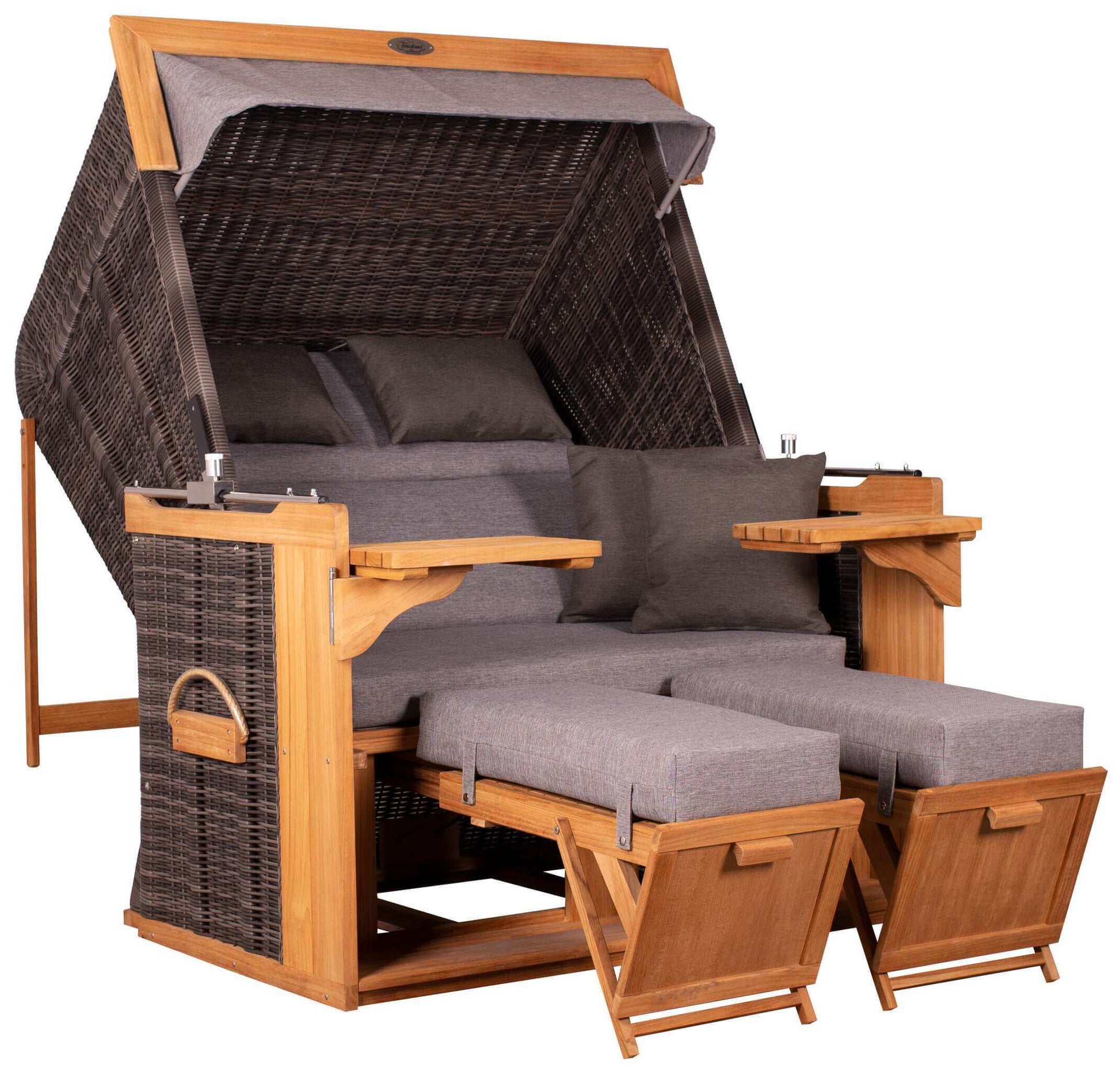 Strandkorb deVries PURE Friesland Sylt Teak PE stone grey Des. 466 mit XL Liegefunktion und grauen Polstern