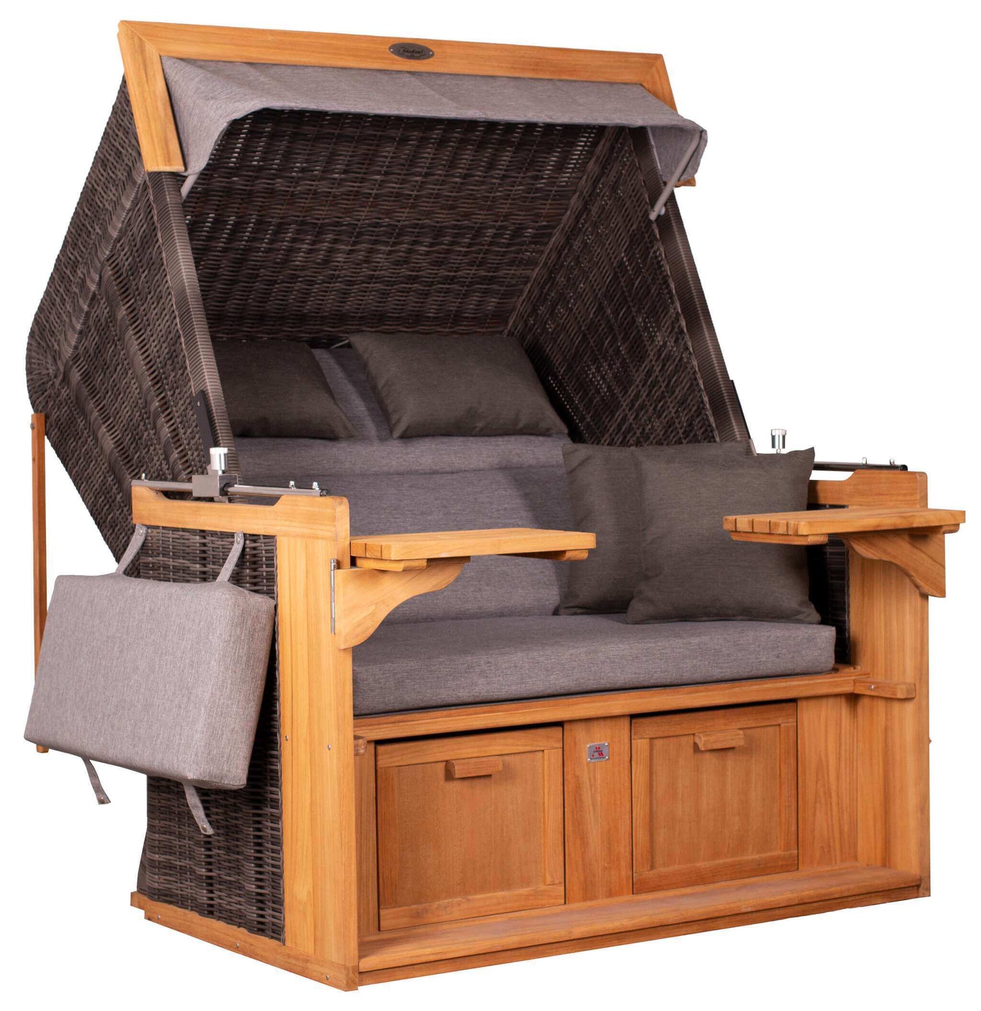 Strandkorb deVries PURE Friesland Sylt Teak PE stone grey Dessin 466 in XL XXL mit Teakholz-Korpus und Komfortpolsterung